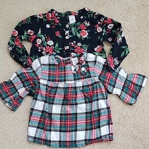 2 Carter's Tops Girls 2T Winter Spring Plaid Floral Cotton Red Black Green White